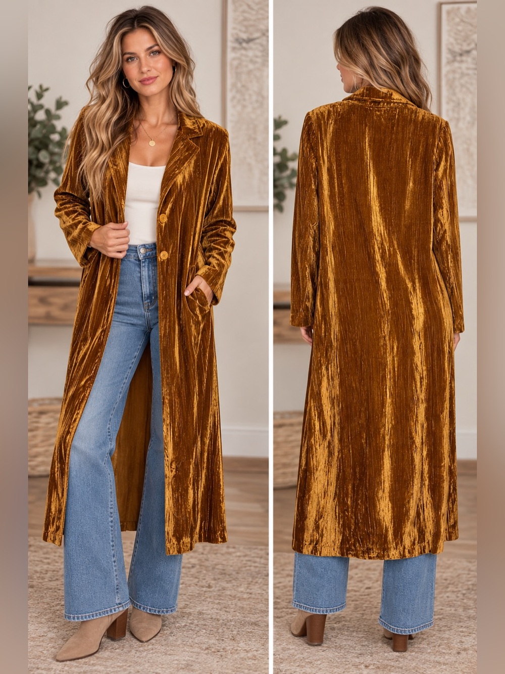 Easel Los Angeles Gold Velvet Duster Coat Size L Boho Glam Longline